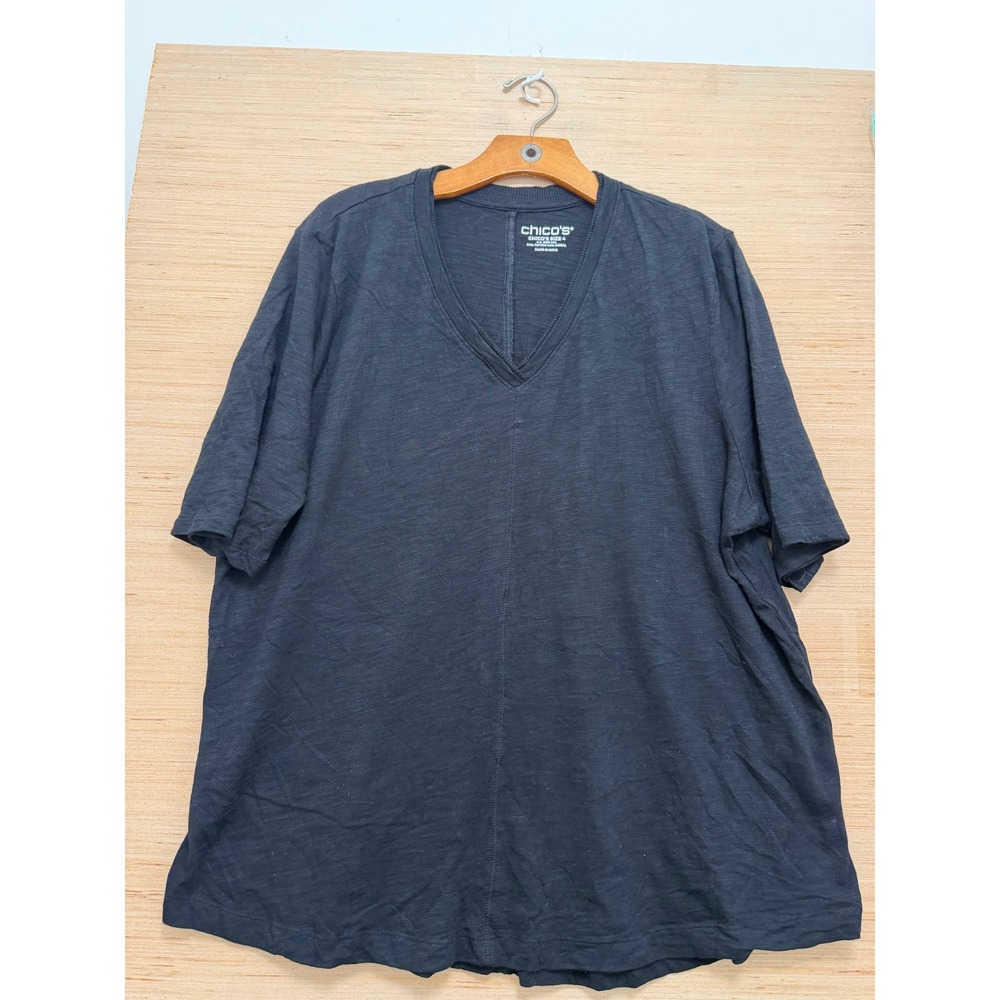Chicos Size 4 XXL Black V-Neck Slub Knit Cotton Modal T-Shirt Center Seam 7325